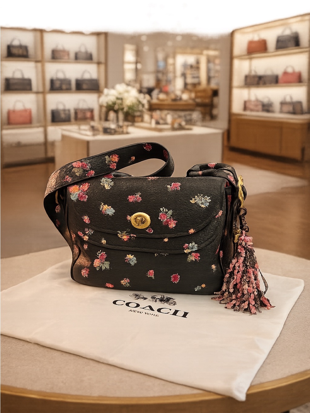 Coach X Tabitha Simmons Black Hand Painted Floral Crossbody Bag with Tassel/ Tag